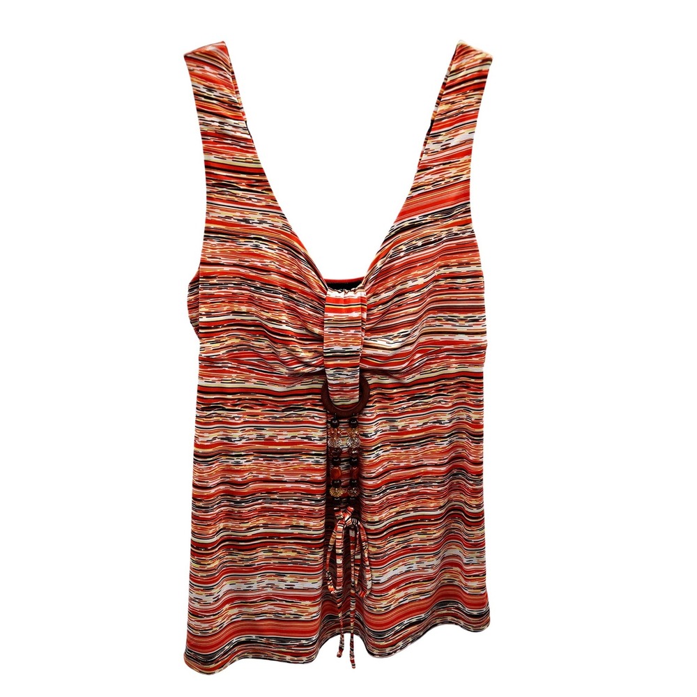 AGB Womens Orange Striped Beaded V-Neck Tank Top Size L Made in USA
